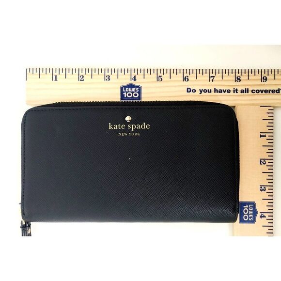 KATE SPADE NY BLACK SAFFIANO GENUINE LEATHER LOGO ZIP AROUND CARD WALLET CLUTCH - Picture 7 of 9